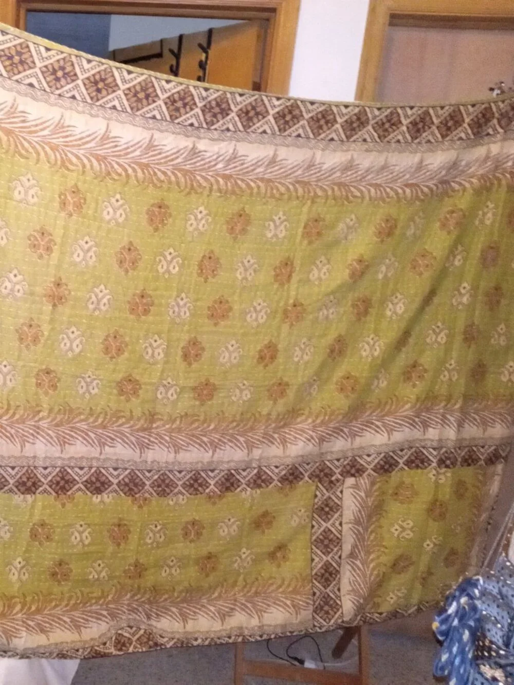 Kantha Quilt Light Green Tan Ferns 54